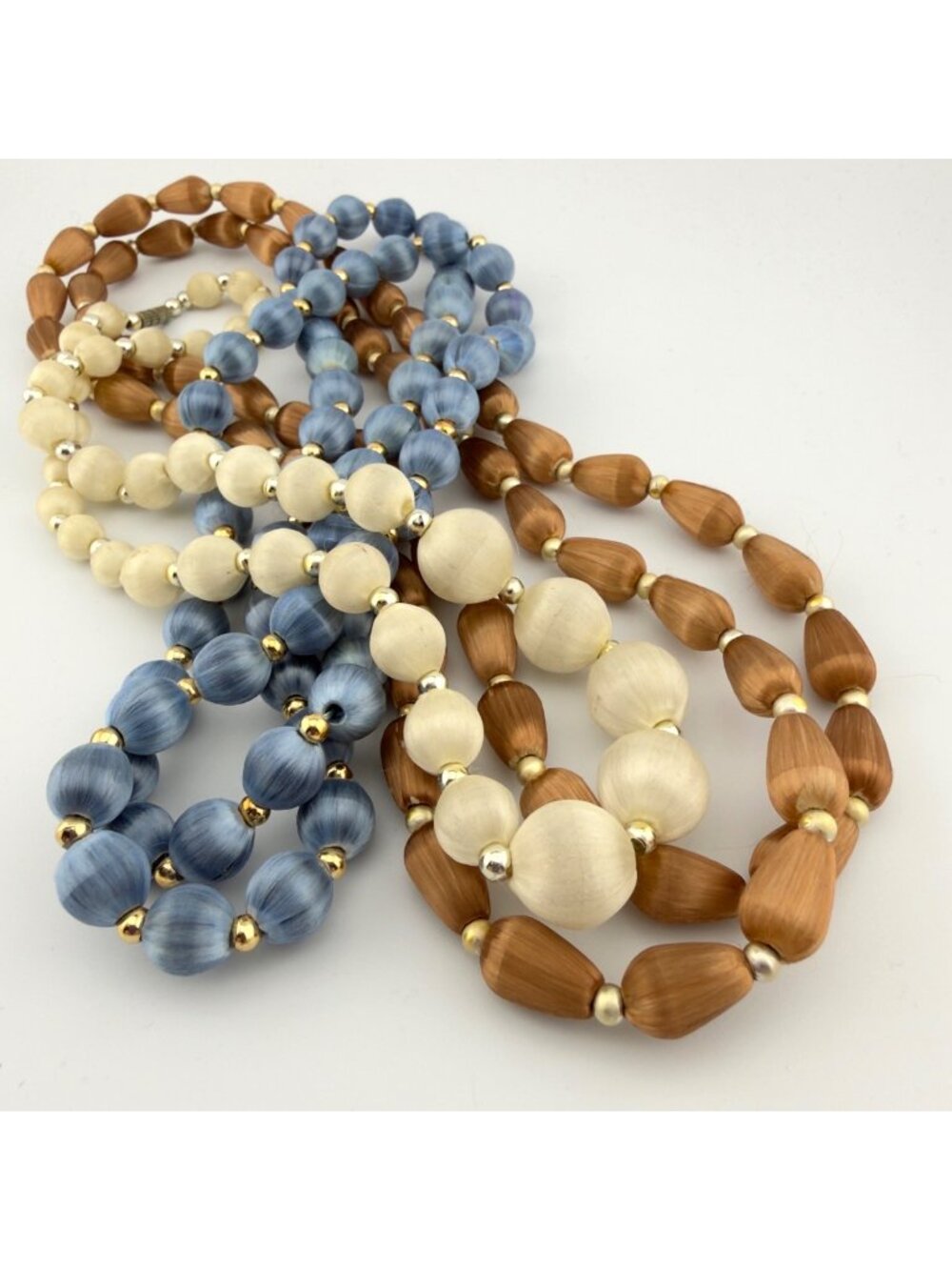 Vintage Silk Wrapped Thread Bead Necklace Set of 3 Blue Brown Cream 1950s READ